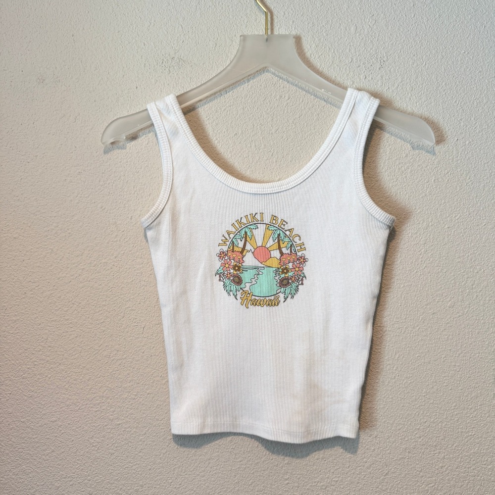 Obsessive Love Waikiki Beach Hawaii Ribbed Graphic Tank Top White Small